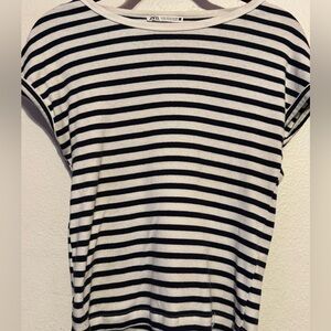 Zara Navy Blue and White Striped Short Sleeve Top